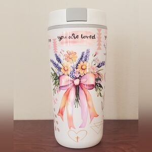 Floral White Thermos with Pink Accents
